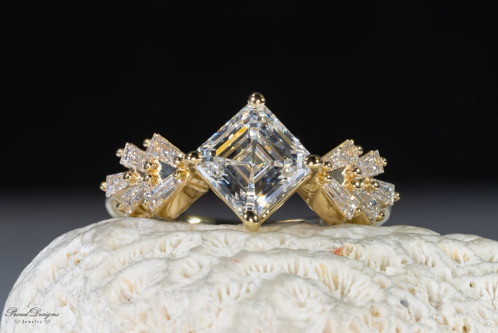 Yellow-gold kite-set diamond ring, handmade by Proud Designs Jewelry