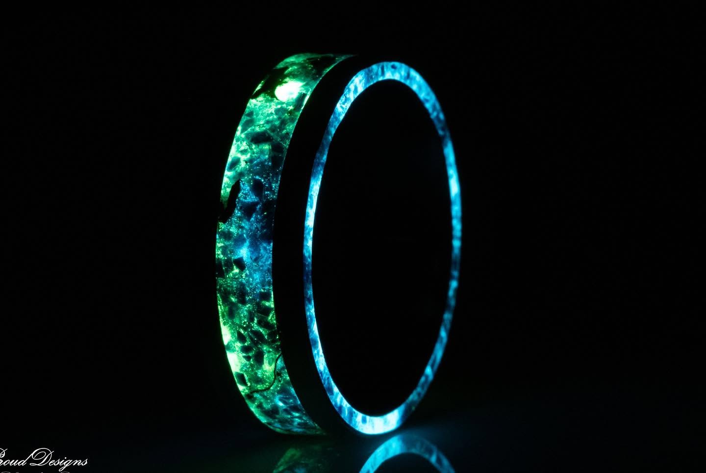 Ring with a glowing teal inlay, handmade by Proud Designs Jewelry